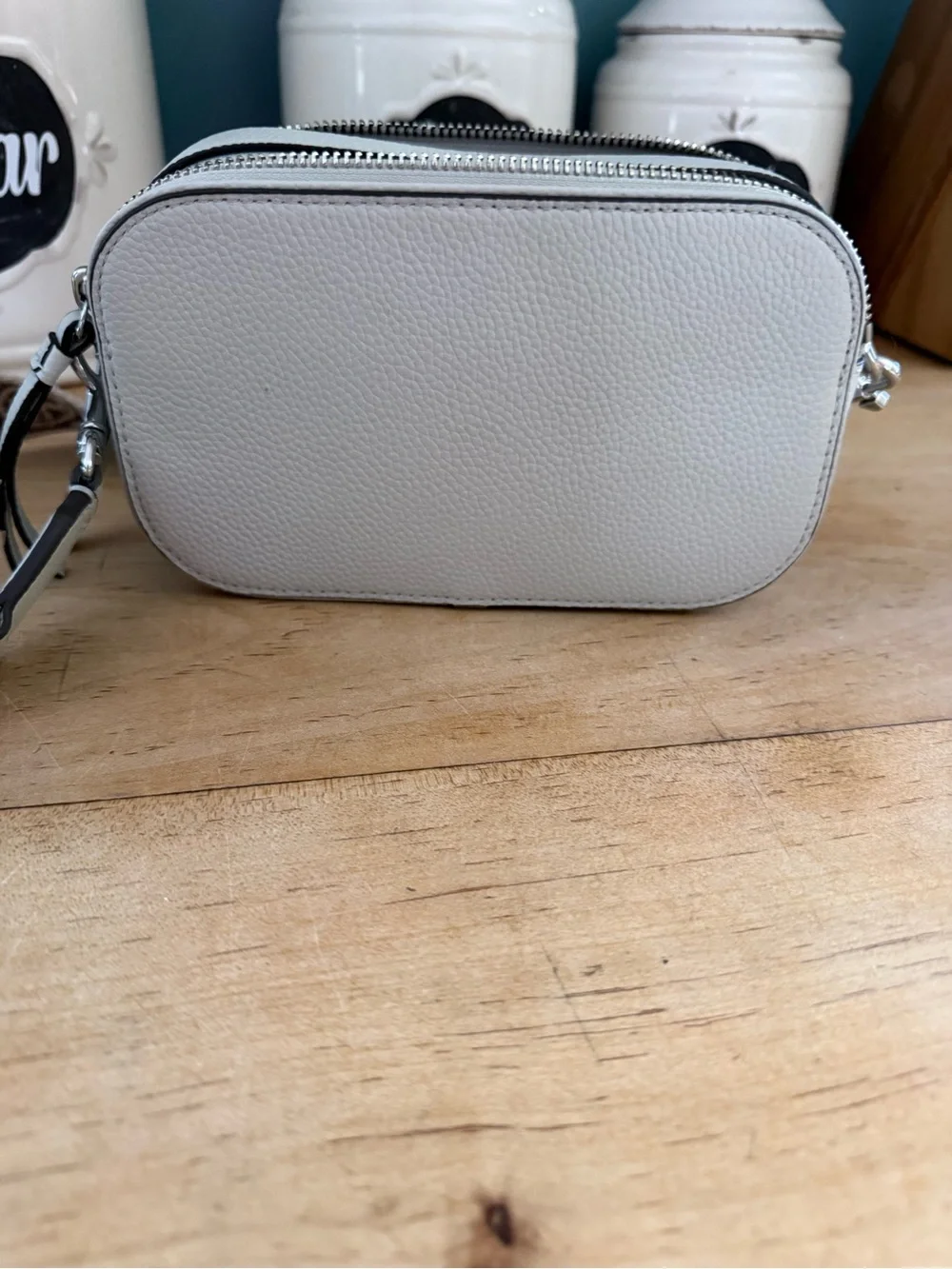 Tory Burch Pebbled Light Gray Leather Camera Crossbody with Patterned Logo Strap